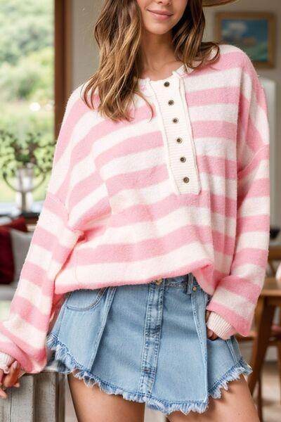 Exposed Seam Striped Round Neck Long Sleeve Sweater for Women - Selvanelle