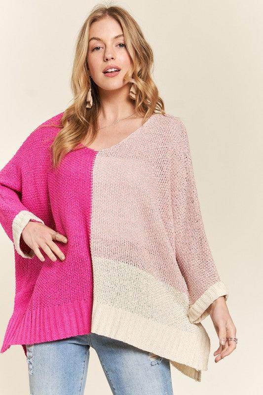 ADORA Side Slit Color Block Long Sleeve Sweater for Women - Selvanelle