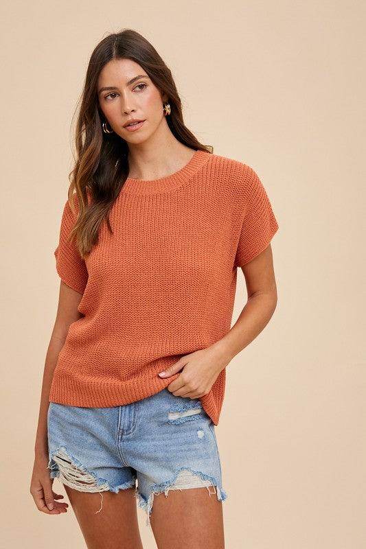Annie Wear Round Neck Short Sleeve Sweater for Women - Selvanelle