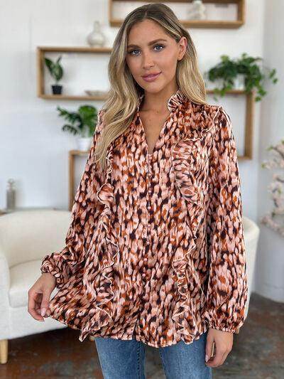 Double Take Full Size Printed Ruffle Trim Balloon Sleeve Shirt - Selvanelle