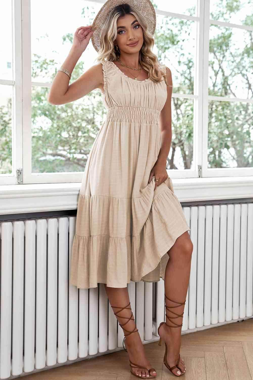 Smocked Waist Sleeveless Tiered Dress with Pockets Midi - Selvanelle