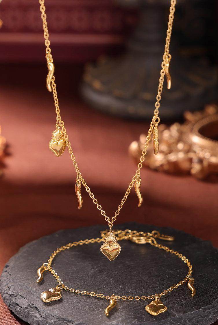 Stainless Steel Heart Charm Bracelet and Necklace Set Gift - Selvanelle