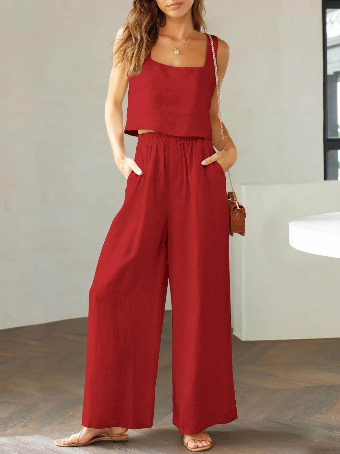 Square Neck Top and Wide Leg Pants Set for Women - Selvanelle