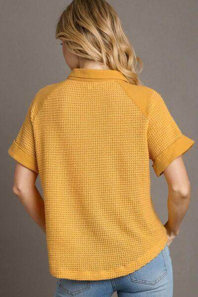 Umgee Full Size Waffle-Knit Short Sleeve Button Down Shirt - Selvanelle