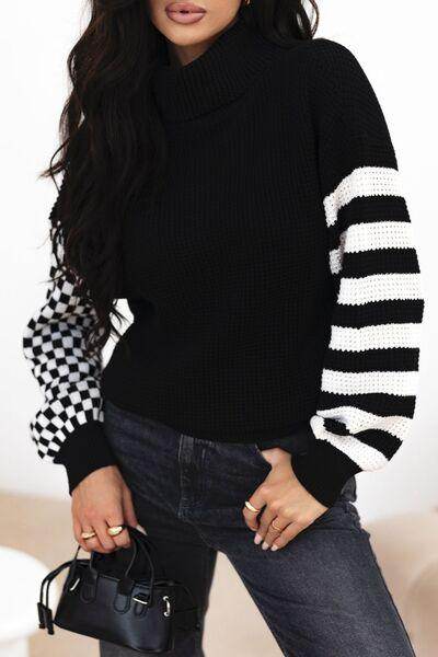 Striped & Checkered Turtleneck Dropped Shoulder Sweater - Selvanelle