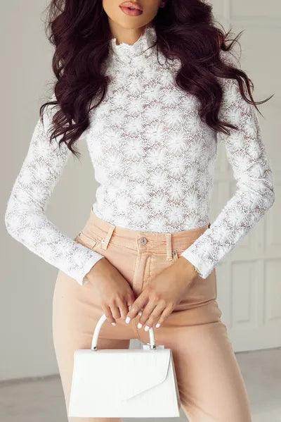 Lace Mock Neck Long Sleeve Top for Stylish Layering - Selvanelle