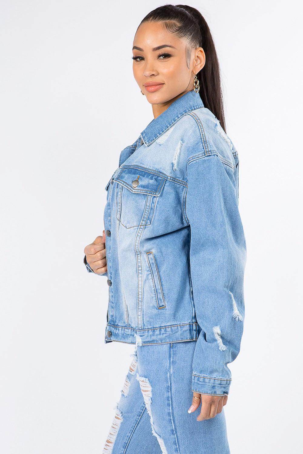 American Bazi Graphic Distressed Long Sleeve Denim Jacket - Selvanelle
