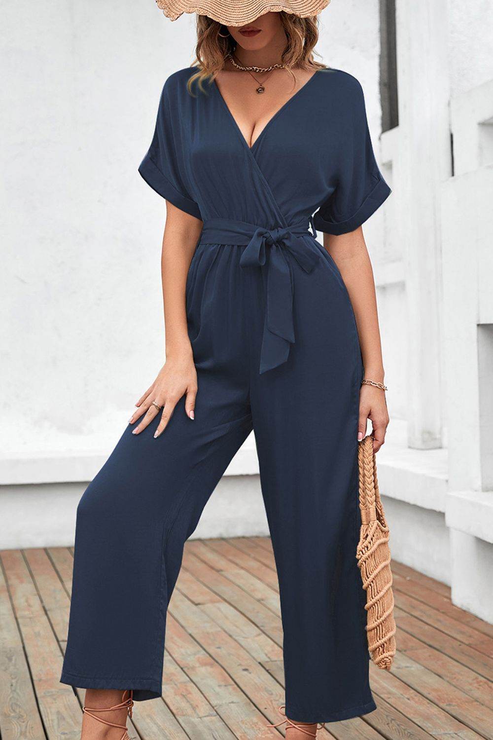 Tie Waist Surplice Wide Leg Jumpsuit - Selvanelle
