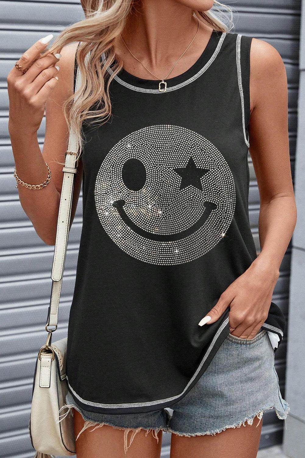 Rhinestone Smile Face Round Neck Tank Top for Women - Selvanelle