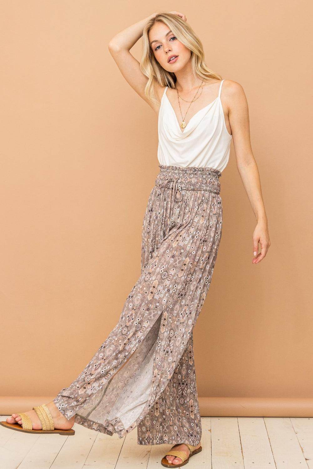 And The Why Printed Smocked Waist Slit Wide Leg Pants - Selvanelle