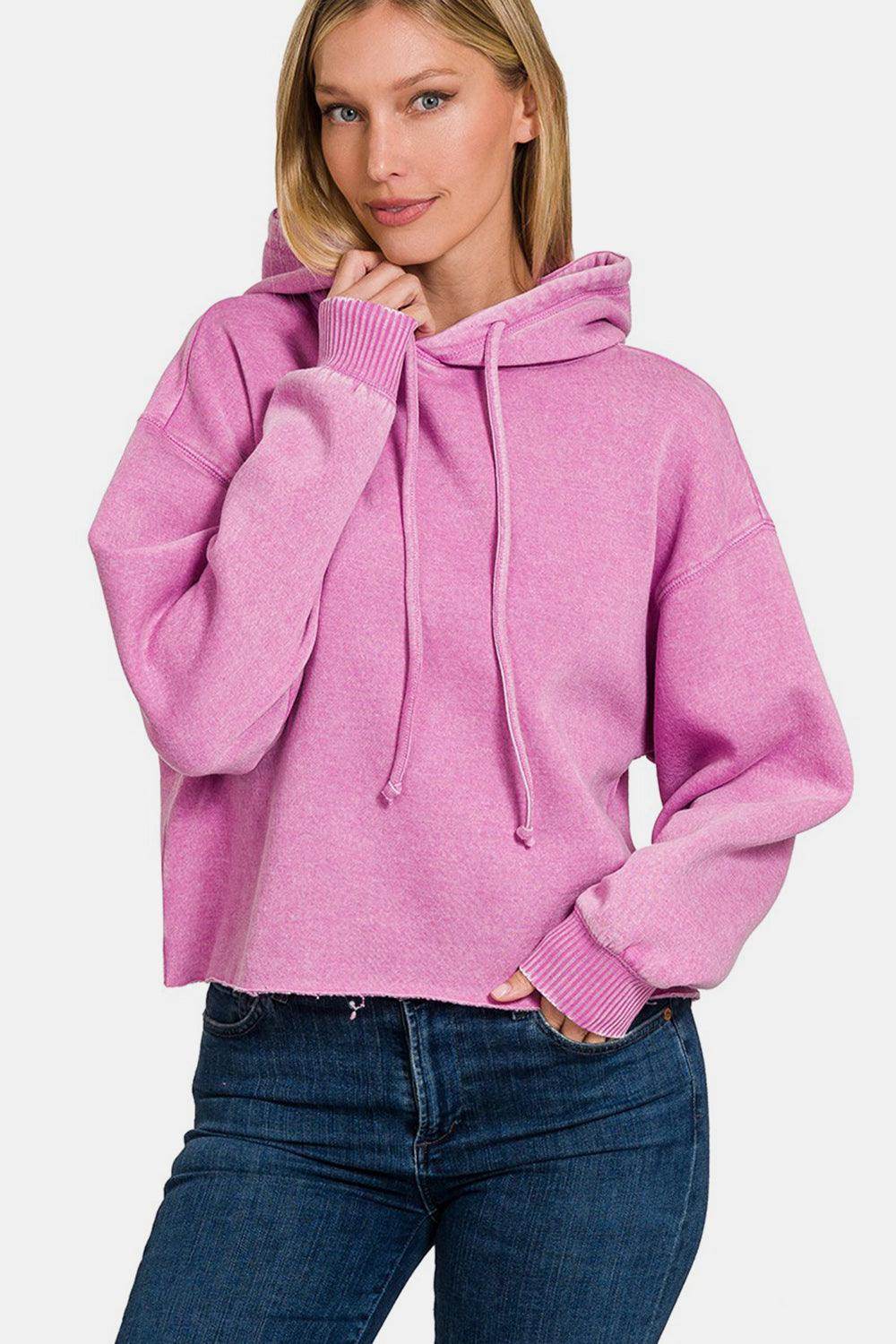 Zenana Acid Wash Fleece Cropped Hoodie for Trendy Style - Selvanelle