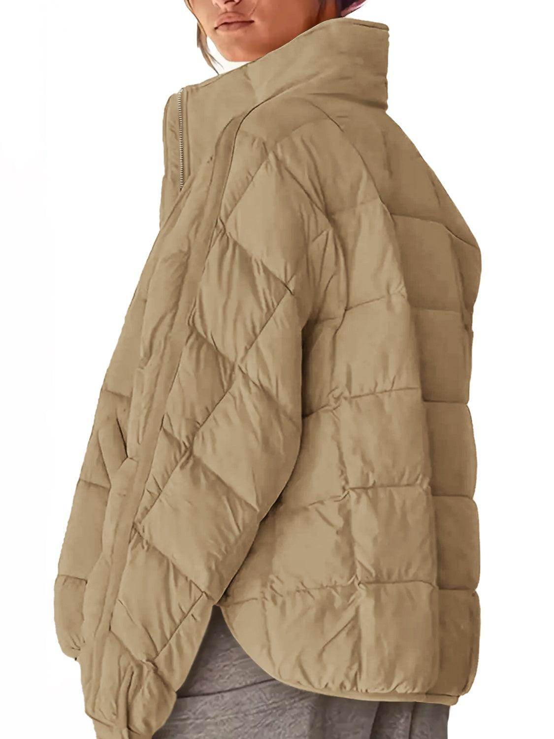 Pocketed Plaid Quilted Zip Up Winter Coat for Women - Selvanelle