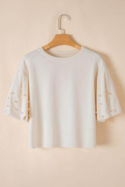 Pearl Detail Round Neck Half Sleeve Blouse for Women - Selvanelle