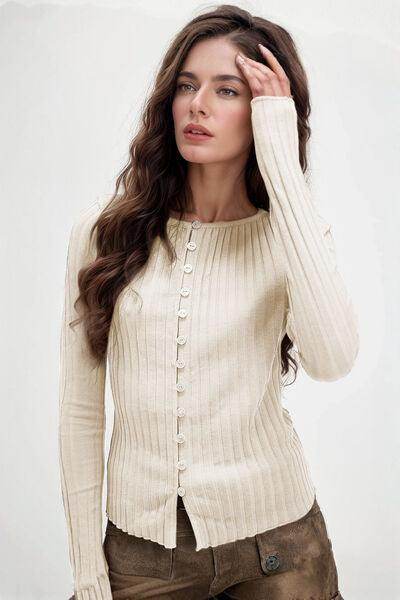 Basic Bae Texture Button Up Round Neck Long Sleeve Top - Selvanelle