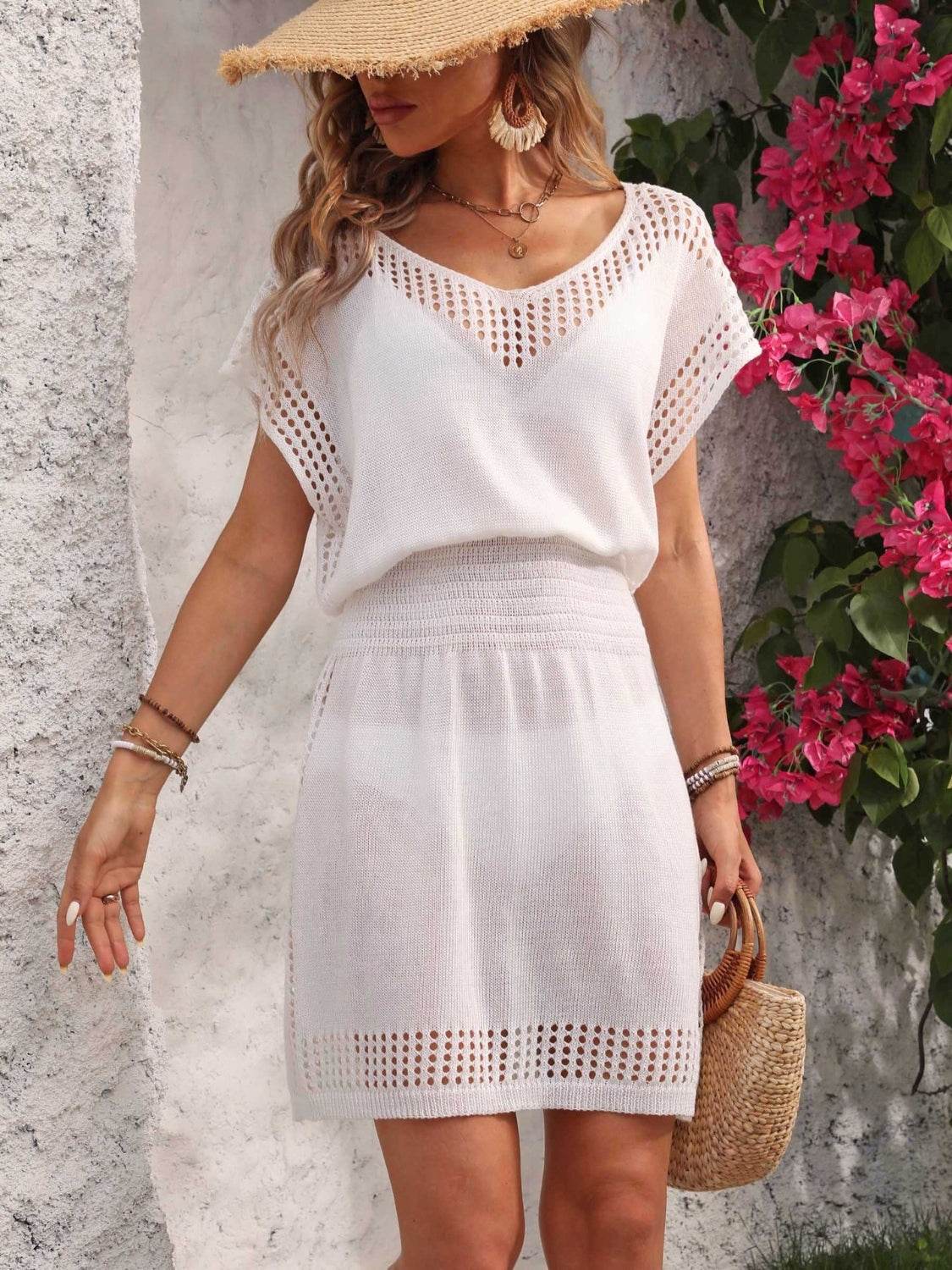 Openwork V-Neck Short Sleeve Cover-Up Dress - Selvanelle