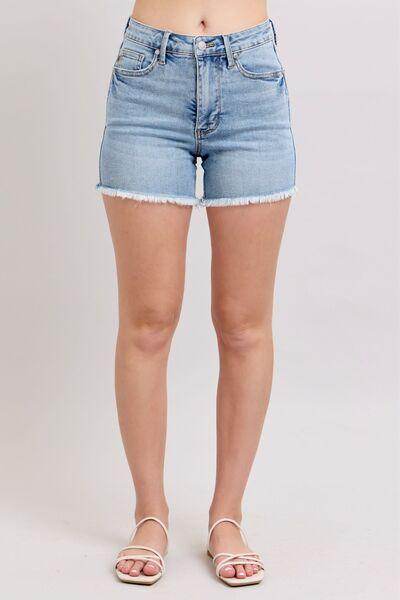 Judy Blue Full Size Tummy Control Raw Hem Denim Shorts Plus Size - Selvanelle