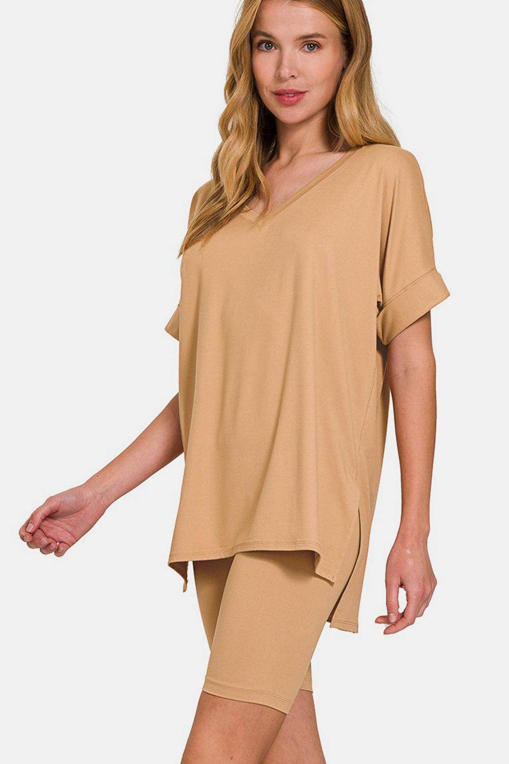 Zenana V-Neck Short Sleeve T-Shirt and Biker Shorts Set - Selvanelle