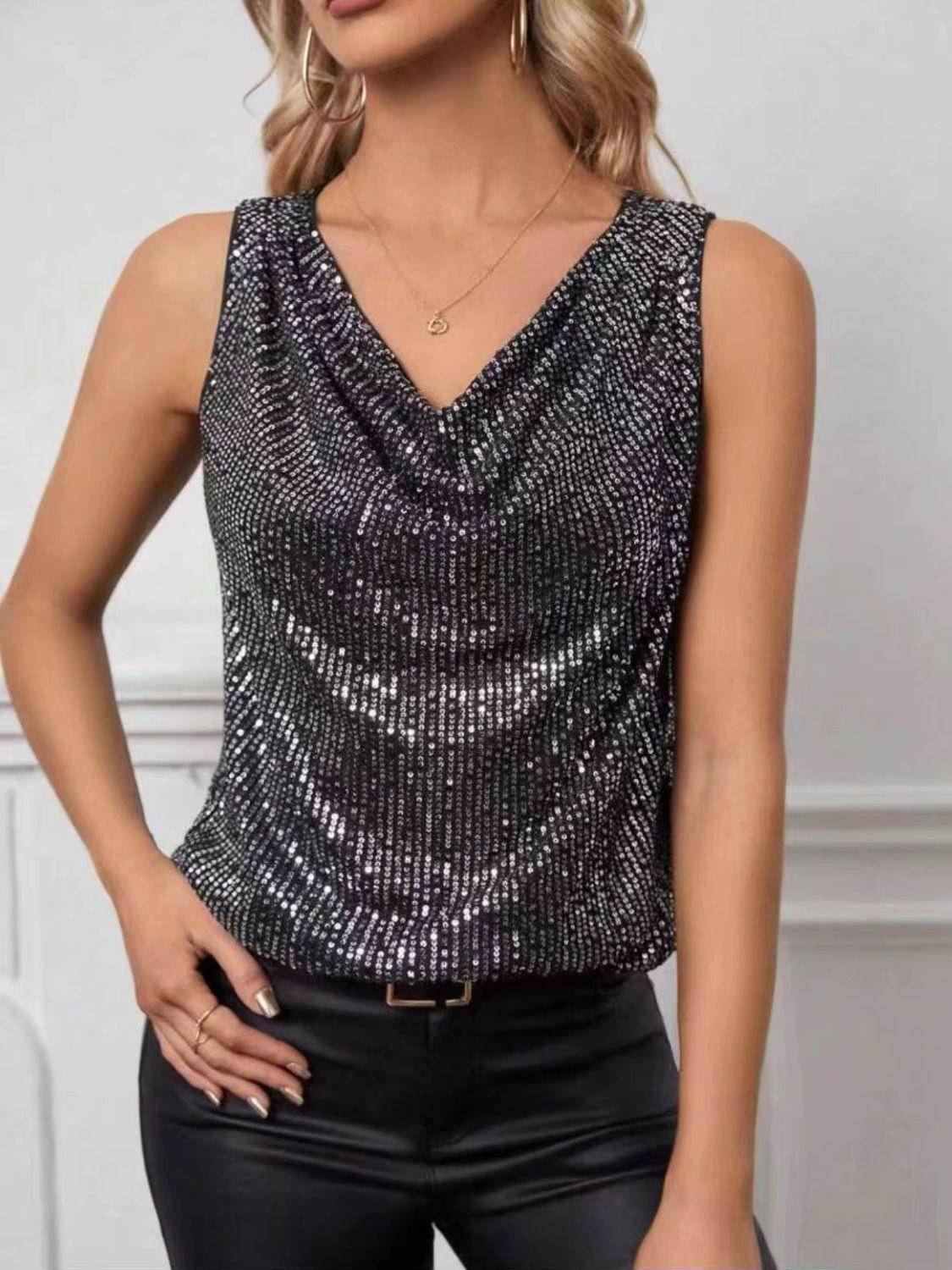 Sequin Cowl Neck Tank Top for Stylish Evening Wear - Selvanelle