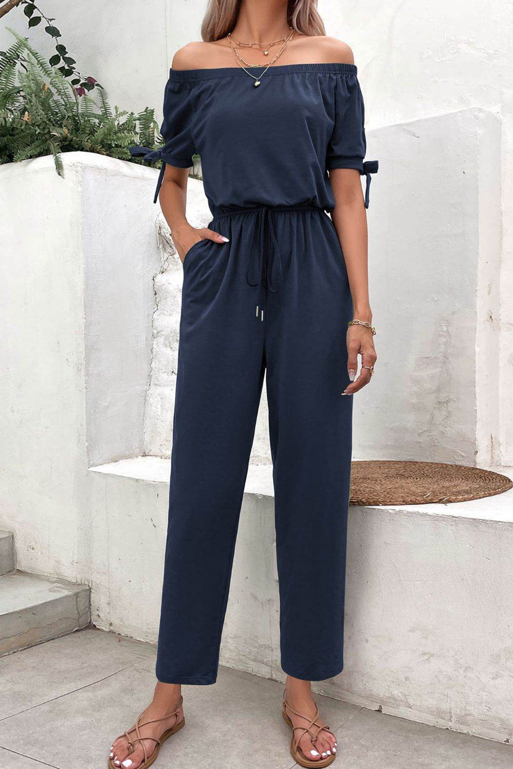 Perfee Off-Shoulder Tie Cuff Jumpsuit with Pockets - Selvanelle
