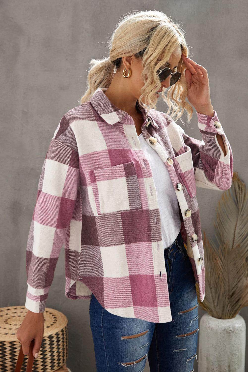 Plaid Button Up Dropped Shoulder Jacket for Women Stylish - Selvanelle