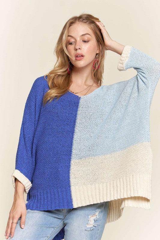 ADORA Side Slit Color Block Long Sleeve Sweater for Women - Selvanelle
