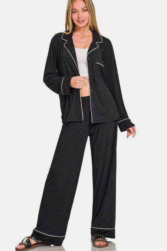 Zenana Button Down Long Sleeve Top and Pants Lounge Set - Selvanelle