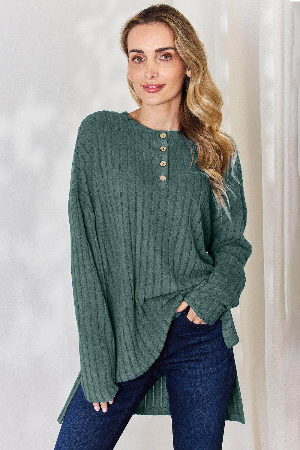 Basic Bae Full Size Ribbed Half Button Long Sleeve T-Shirt - Selvanelle
