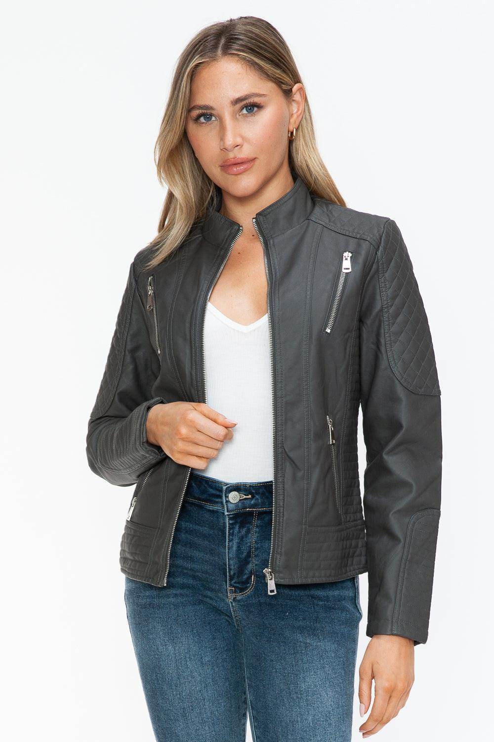 Snobbish Faux Leather Zip Up Mock Neck Jacket for Women - Selvanelle