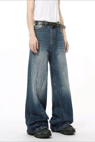 Washed Lightning Pattern Wide Leg Jeans for Stylish Comfort - Selvanelle