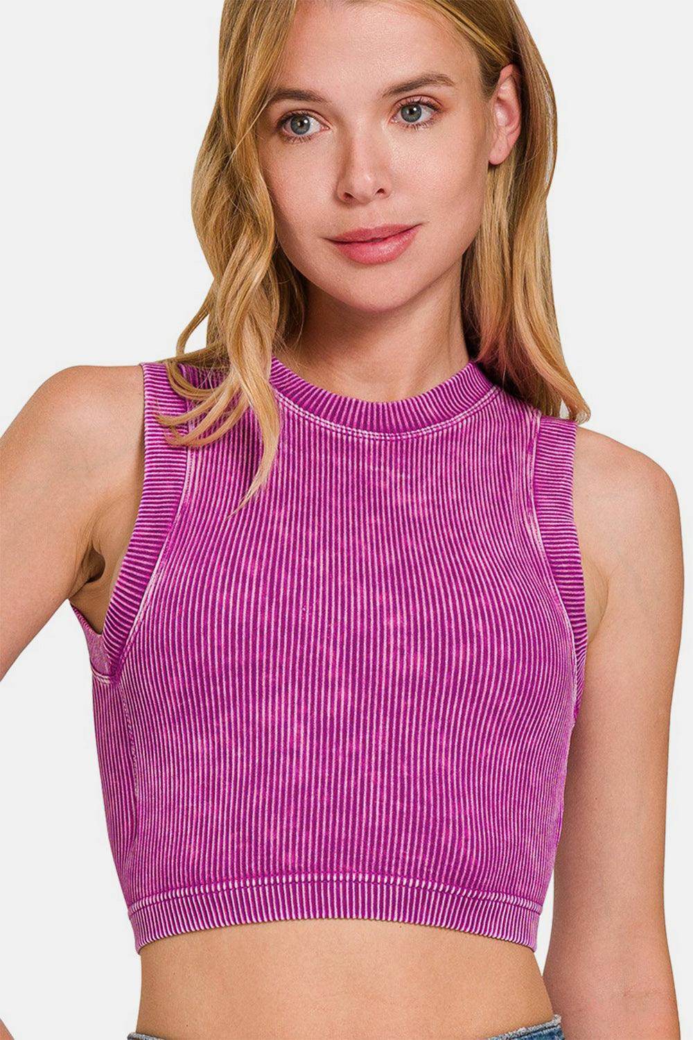 Zenana Washed Ribbed Seamless Crop Tank with Bra Pad - Selvanelle