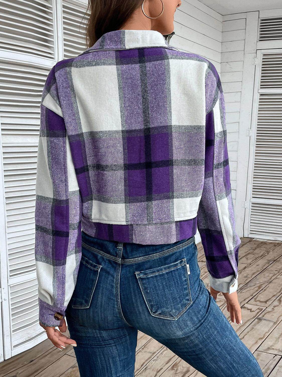 Perfee Plaid Button Up Drop Shoulder Cropped Jacket for Women - Selvanelle