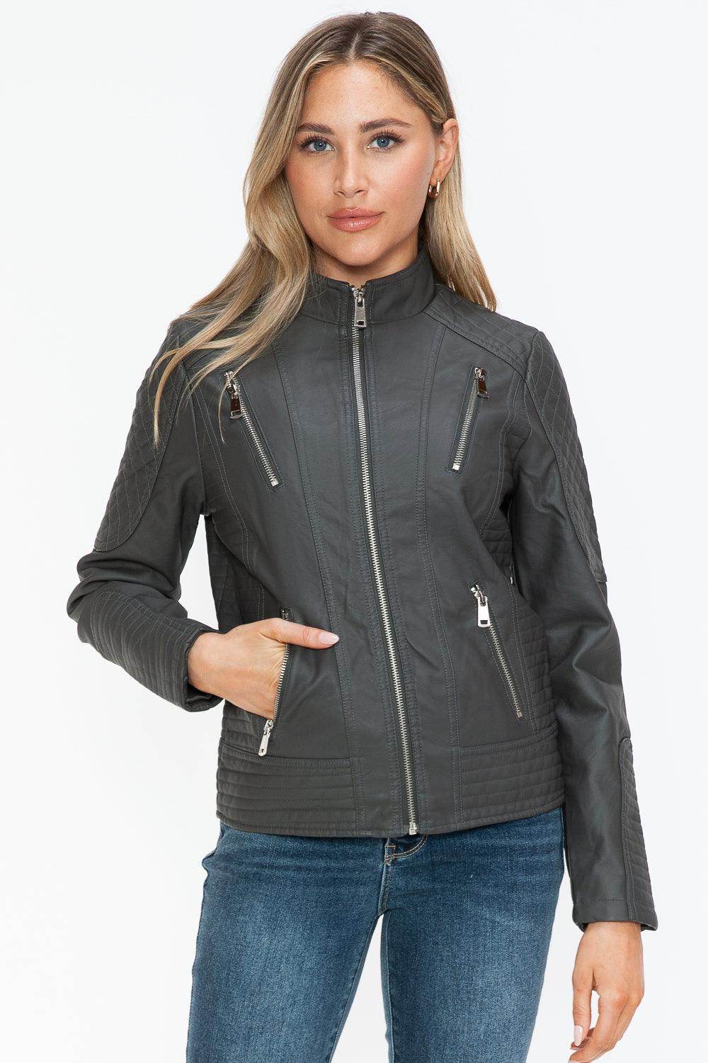 Snobbish Faux Leather Zip Up Mock Neck Jacket for Women - Selvanelle