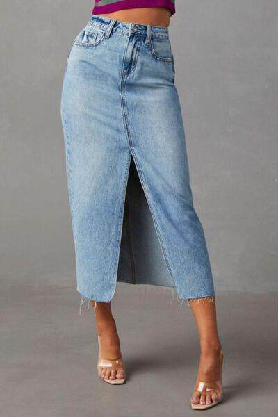 Slit Raw Hem Midi Denim Skirt for Effortless Style - Selvanelle