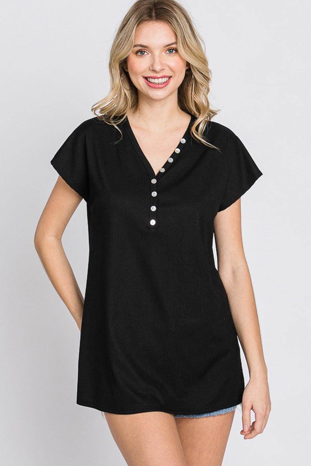 Heimish Full Size Front Button V-Neck Short Sleeve T-Shirt for Women - Selvanelle