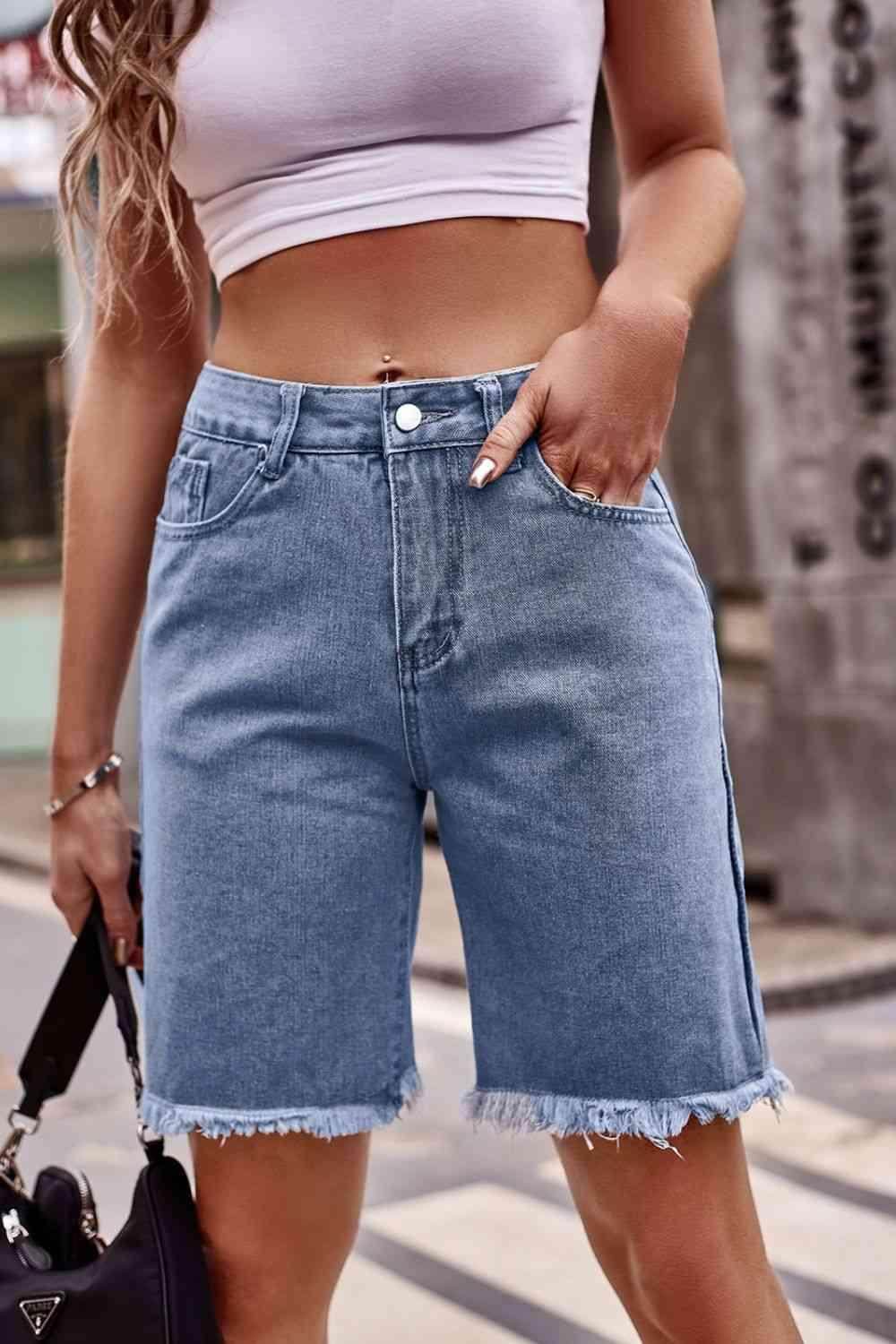 Raw Hem Denim Shorts with Pockets for Casual Chic Style - Selvanelle