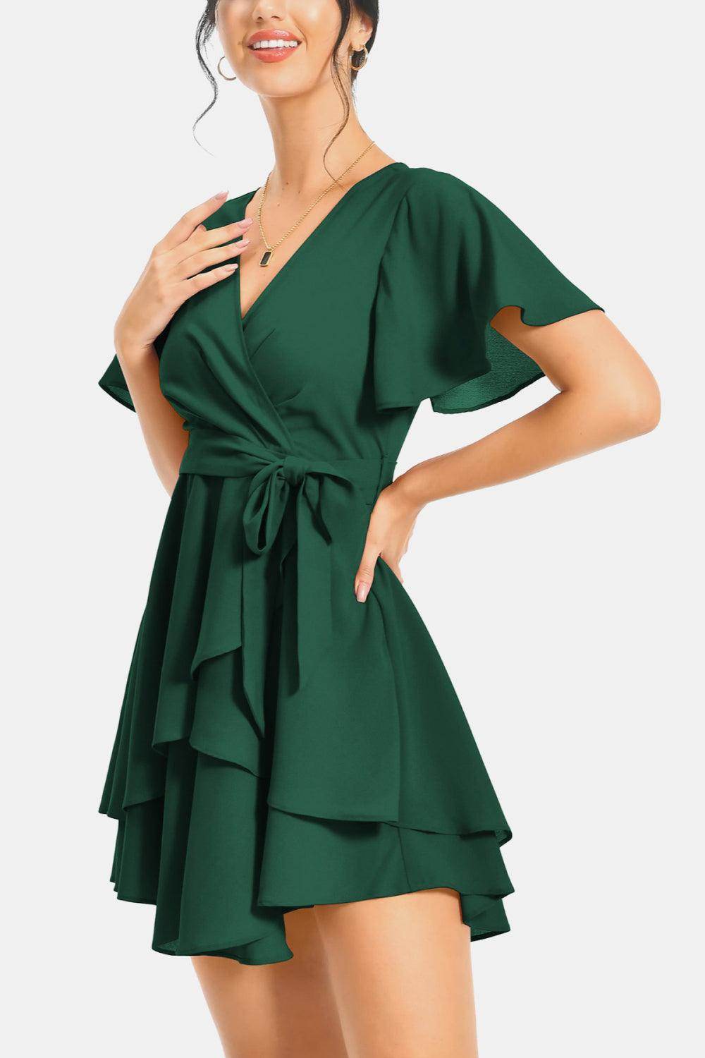 Surplice Neck Flutter Sleeve Dress for Chic Summer Style - Selvanelle