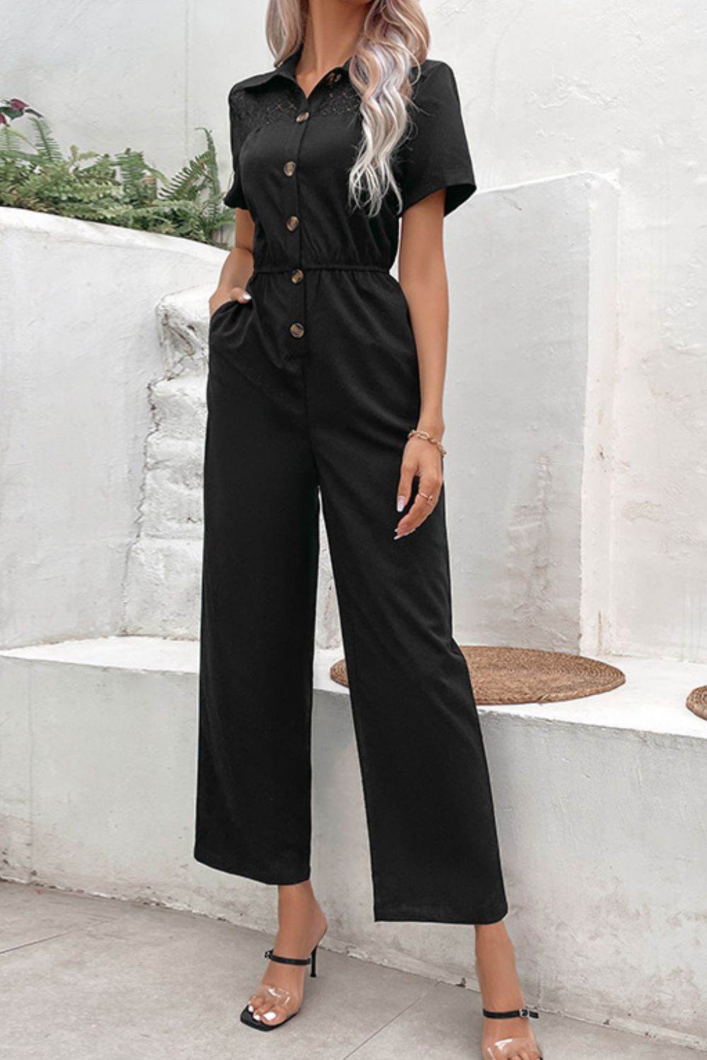 Perfee Collared Neck Short Sleeve Jumpsuit - Selvanelle