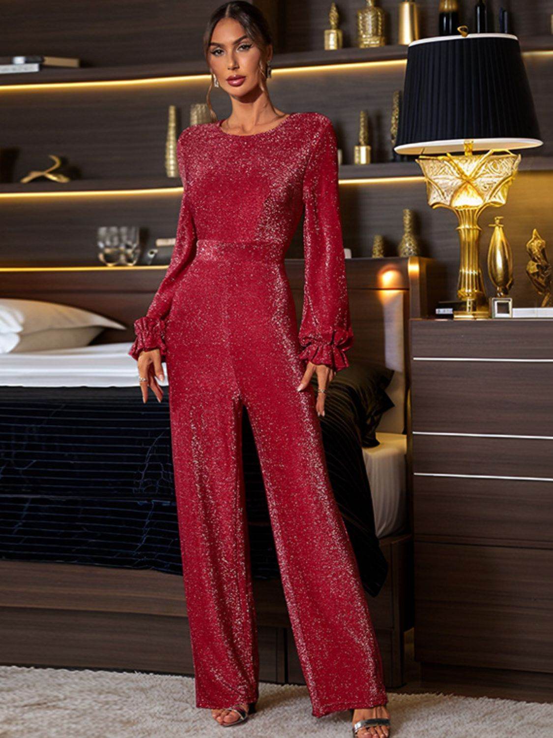 Perfee Cutout Round Neck Long Sleeve Jumpsuit - Selvanelle
