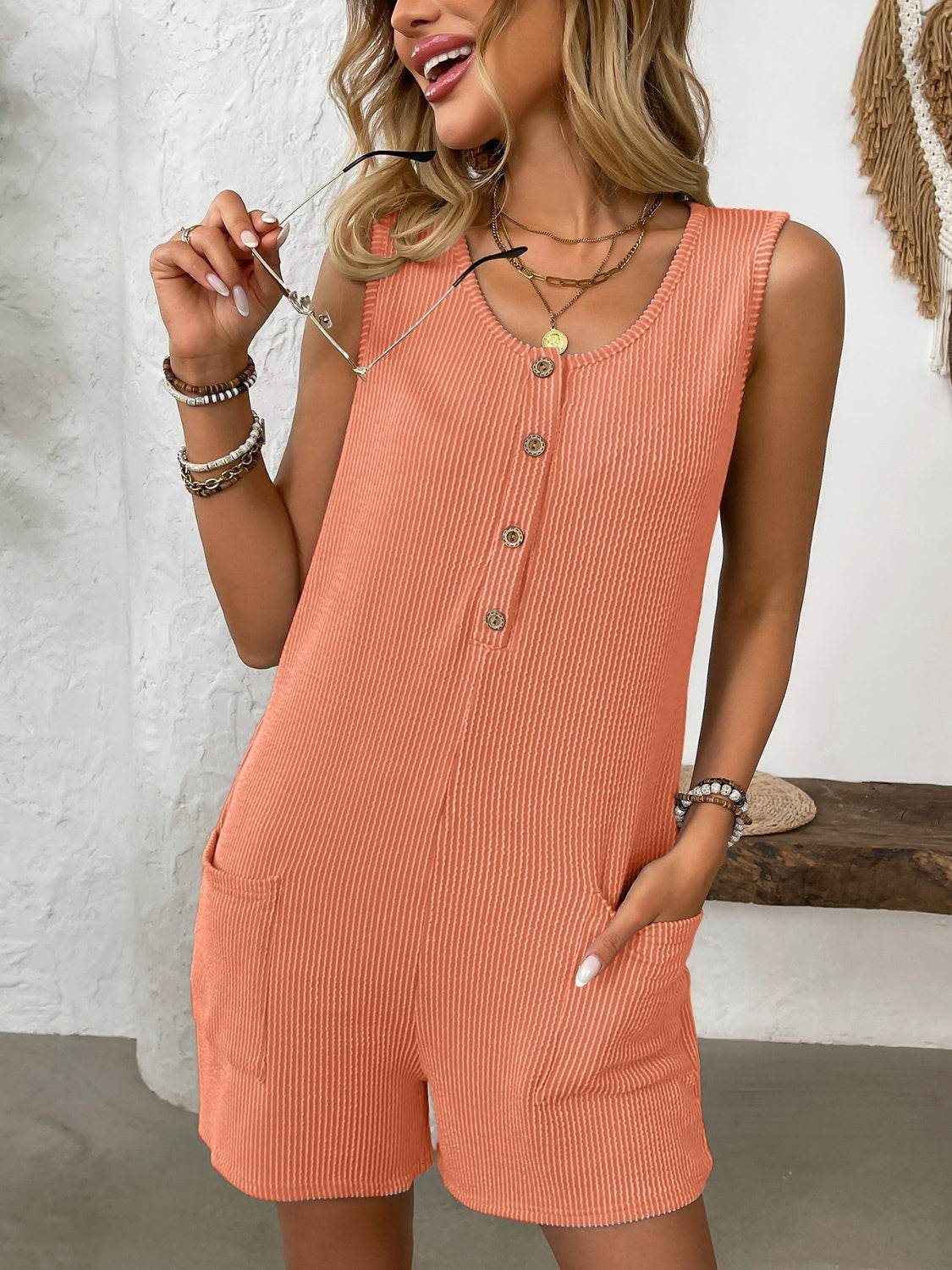 Pocketed Round Neck Sleeveless Romper - Selvanelle