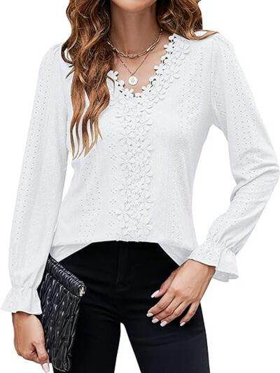 Lace Detail Eyelet V-Neck Flounce Sleeve Blouse for Women - Selvanelle