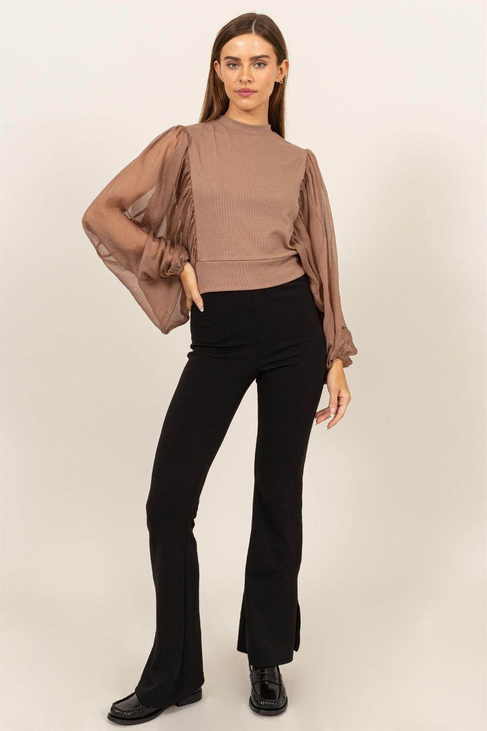 HYFVE Ruched Sheer Long Sleeve Mock Neck Blouse for Elegance - Selvanelle