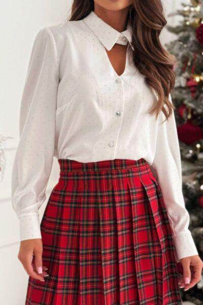 Button Down Rhinestone Decor Long Sleeve Shirt for Women - Selvanelle