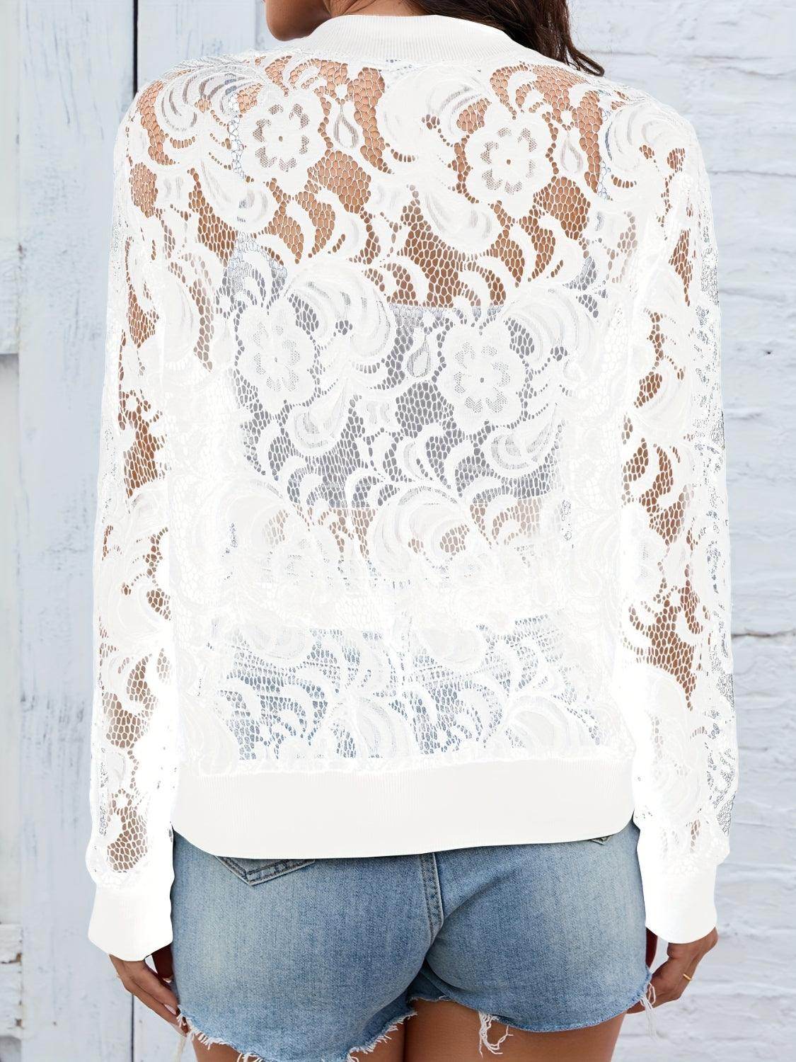 Sheer Lace Zip Up Long Sleeve Jacket for Women Fashion - Selvanelle