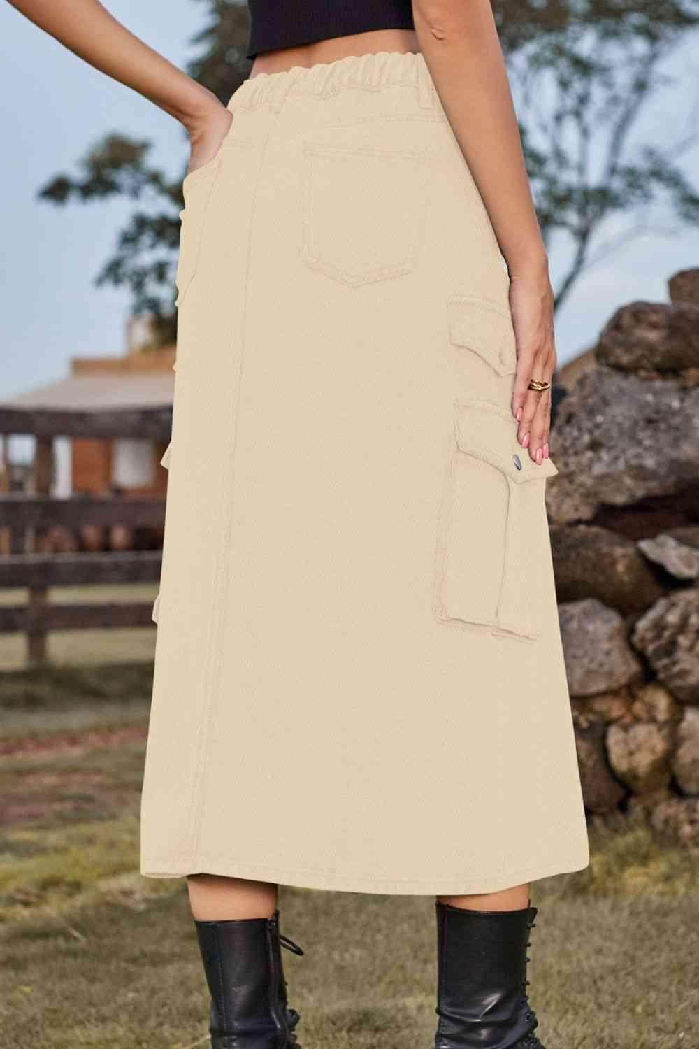 Slit Front Midi Denim Skirt with Pockets for Women - Selvanelle