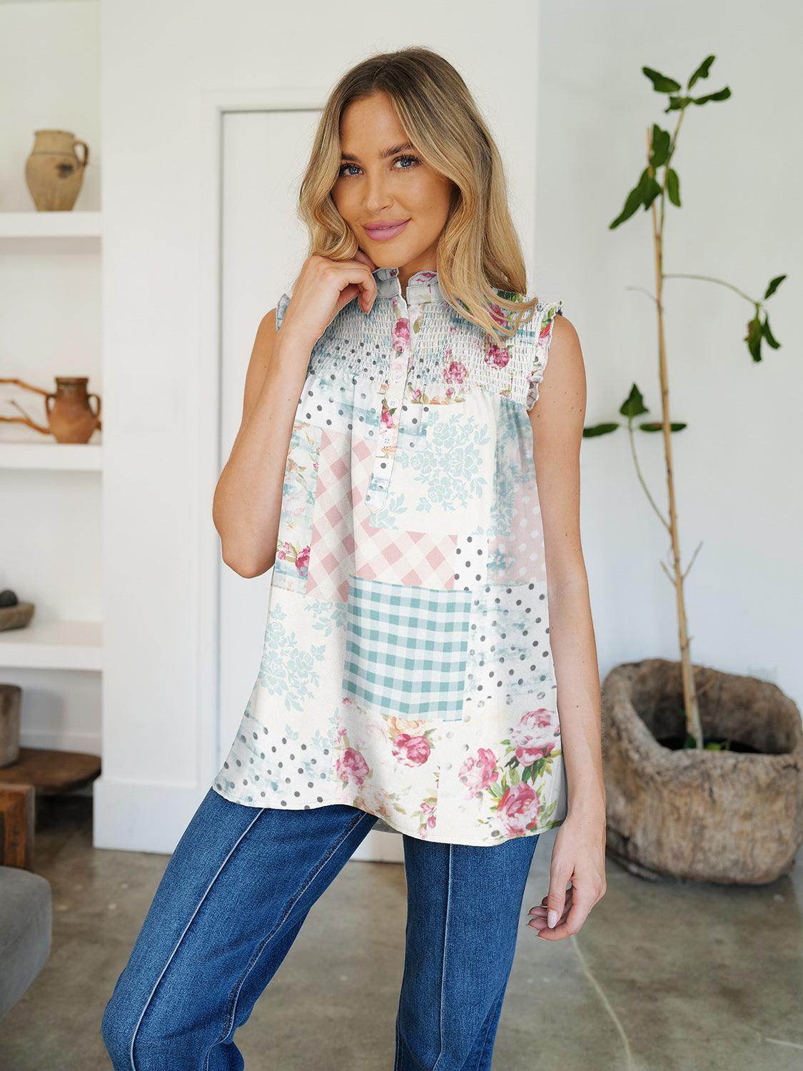 FAM-FAM Frill Printed Mock Neck Top for Stylish Women - Selvanelle