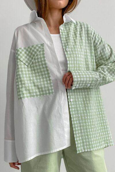 Two-Tone Plaid Button Down Long Sleeve Shirt for Women - Selvanelle