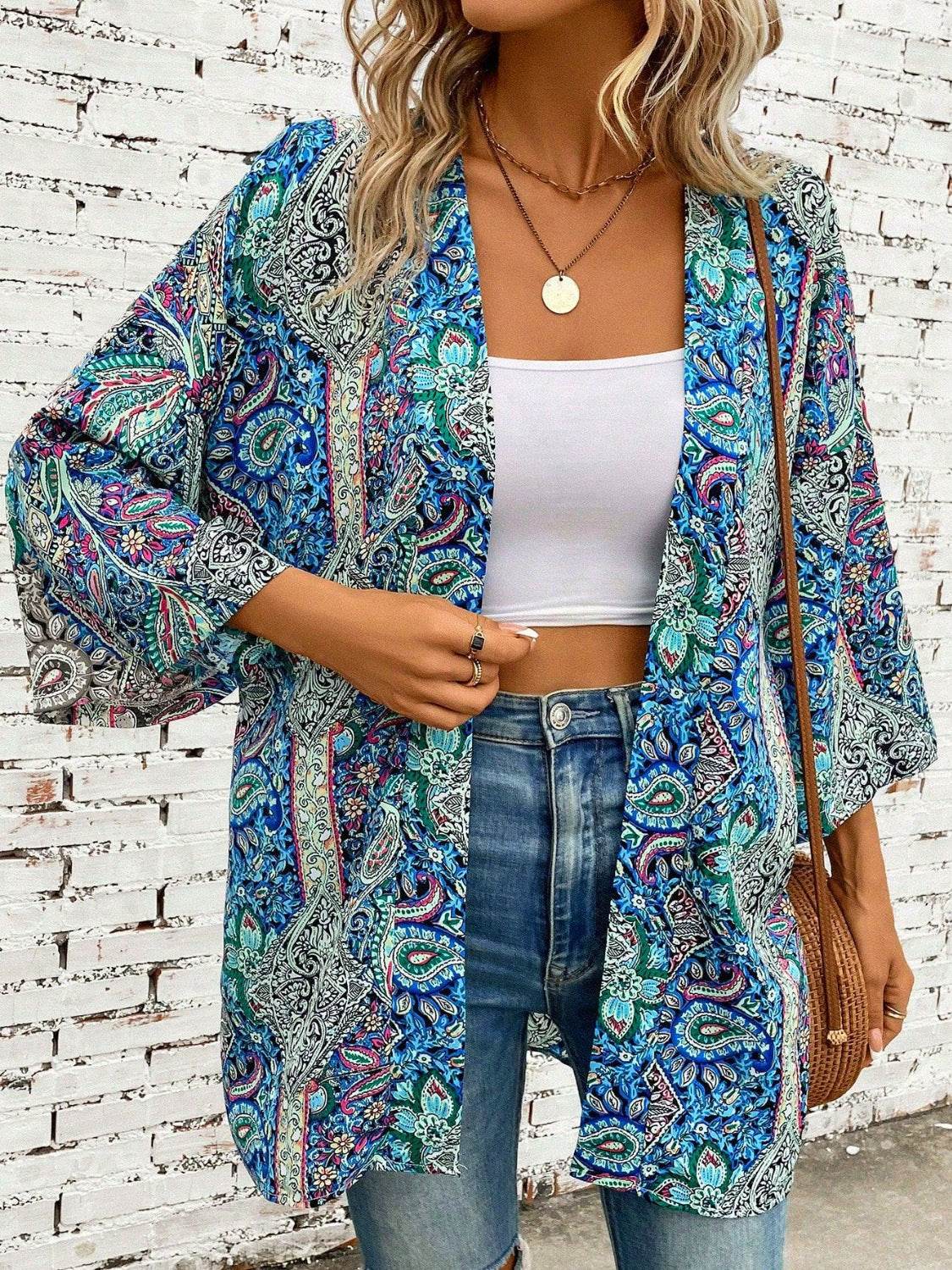 Printed Open Front Three-Quarter Sleeve Cover Up - Selvanelle