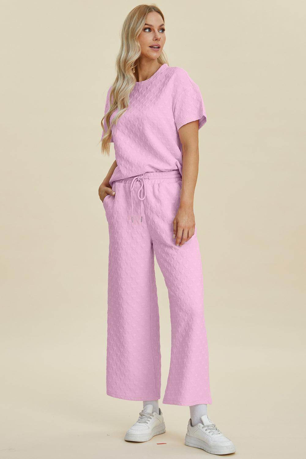 Double Take Full Size Texture Round Neck Top and Pants Set - Selvanelle