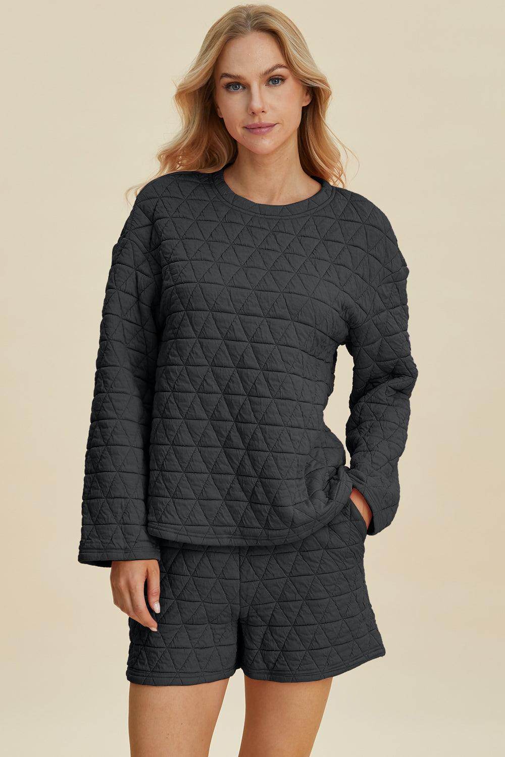 Double Take Full Size Texture Round Neck Long Sleeve Top and Shorts Set for Women - Selvanelle