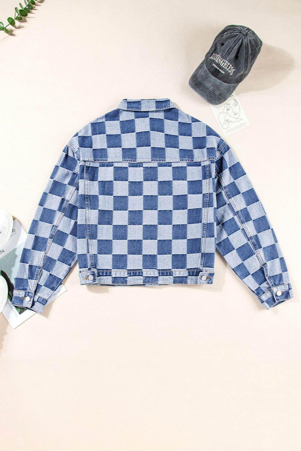 Checkered Button Up Long Sleeve Denim Jacket for Women - Selvanelle